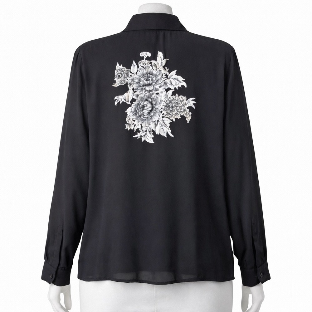 Ilyse‎ Hart LTD Blouse Womens M Black Sheer Rayon Floral Back Graphic Button Up
